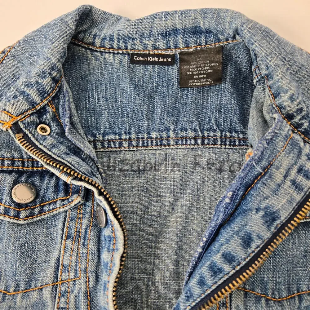 Calvin Klein Child Denim Trucker Jacket Contrast Orange Stitching Size 4/5